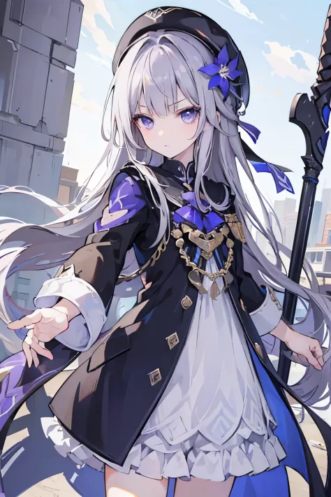 (best quality:1.3), (masterpiece:1.3), (illustration:1.3), (ultra-detailed:1.3), 1girl, solo, very young, flat chest, purple eyes, white hair, long hair, white dress, black coat, black headwear, beret, serious expression, angry expression, looking at viewe...