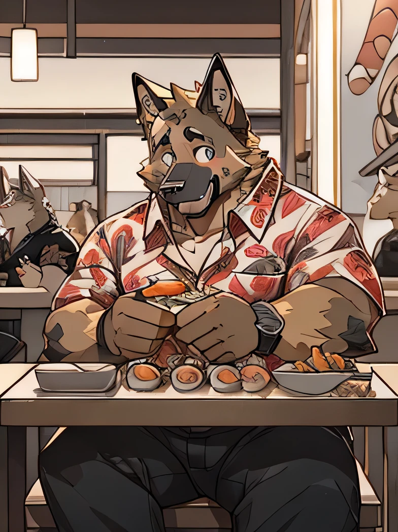 ((male german shepherd))(body type chubby muscle)((wears square glesses))smile((wear an unbuttoned red hawaii shirt))Sitting and use fork eating sushi in a sushi bar((night time))