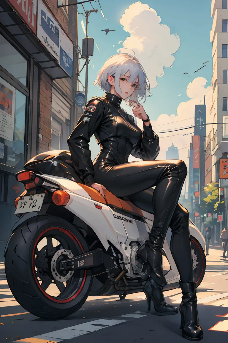 full body, whole body, head to toe, 1 female biker sitting on the bike, wearing a full leather biker suit, morning, sunshine, ba...