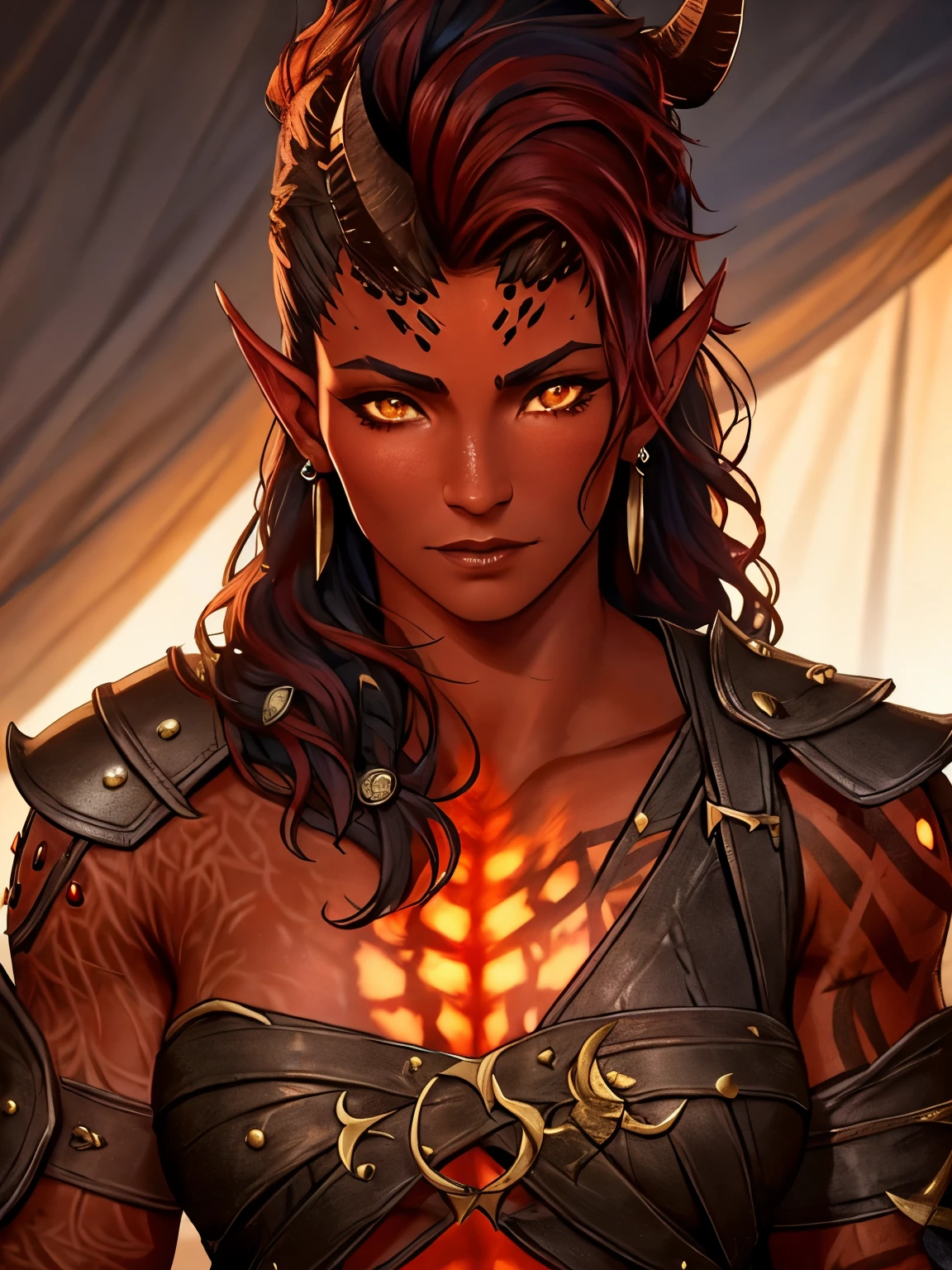 1 hembra Tiefling con piel roja, Se parece a Karlach de Baldursgate., orange eyes,piercings en la cara, gran textura de la piel, grandes ojos, cuerpo musculoso, un cuerno roto en la cabeza, Viste ropa bárbara de cuero negro., Grandes detalles, ultra calidad, fondo de pantalla, luz dinámica, pose dinámica, usa pantalones, gran cara, gran textura de la piel, obra maestra, tendencia en artstation, detalles de ropa, imagen tranquila, romantic, Grandes detalles, dentro de una tienda de campaña como fondo, gran cara, good fondo de pantalla, Encantador and romantic setting, excelentes texturas detalladas, expresión de cara suave, de cerca, grandes cuernos, Encantador, gran cara and eyes textures, petates, lantern,