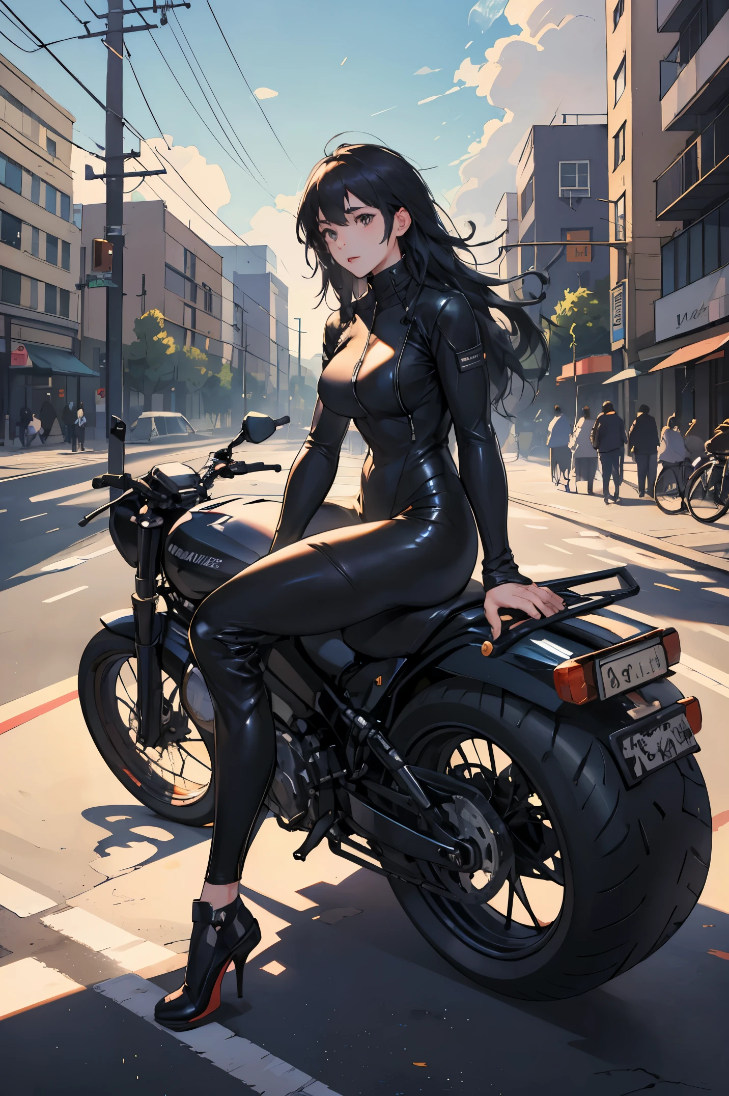 全身, 全身, 頭からつま先まで, 暗い色のバイクに座っている長髪の女性バイカー1人, フルレザーのバイカースーツを着て, 朝, 日光, 郊外の街の自転車の背景, 青い雲,
