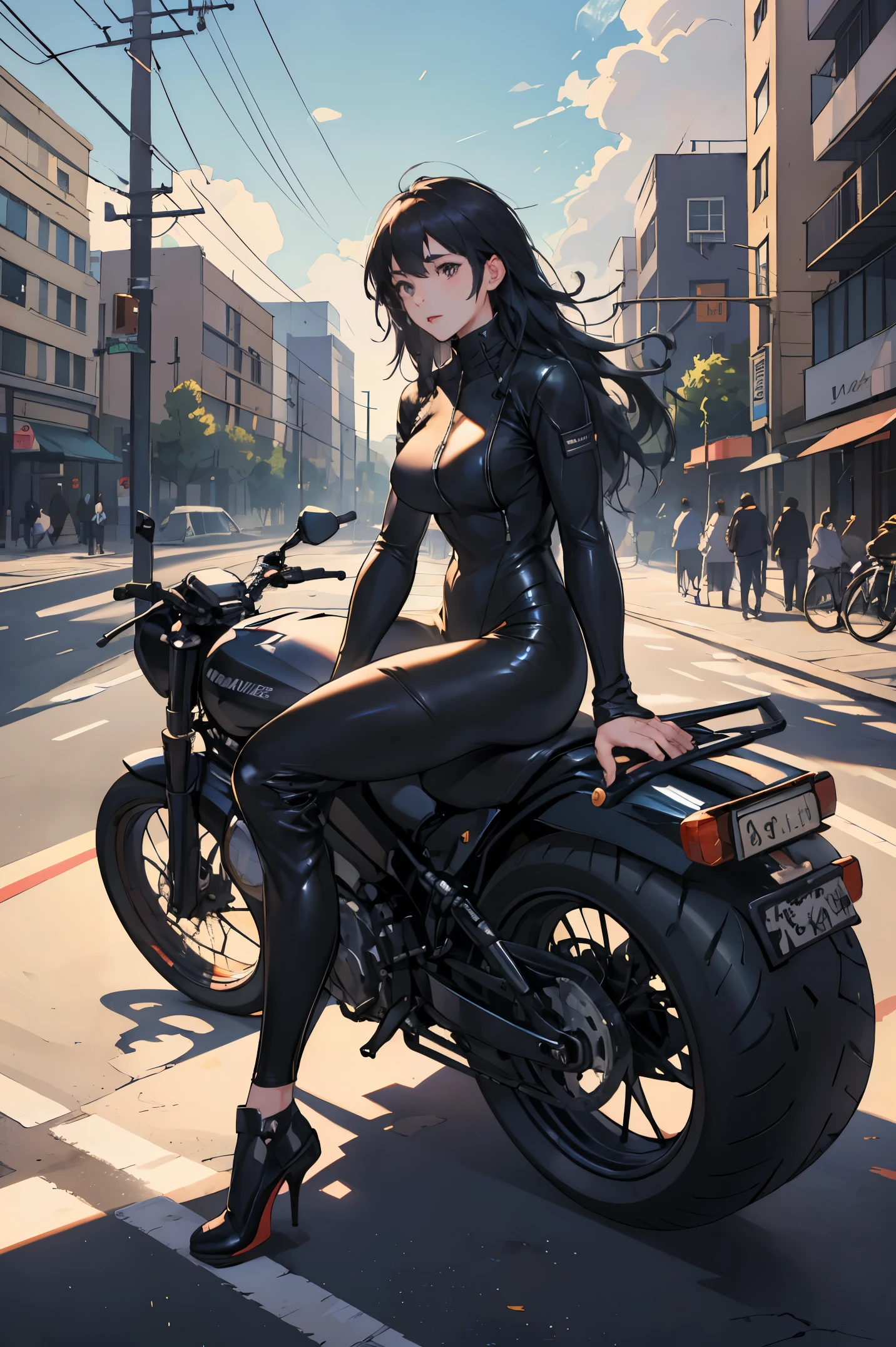 full body, whole body, head to toe, 1 long hair female biker sitting on the dark color bike, wearing a full leather biker suit, morning, sunshine, background of a bike at outskirt city, blue cloud,