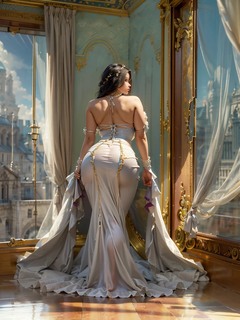 There is a woman in a skirt sitting on the windowsill, Anila, Beautiful curves. express in detail, Loot with outstanding curves, of plus size models, Watching from behind, inspired by Pierre Auguste Cot, Luxury dresses, author：Fyodor Rokotov, of gorgeous women, glass ball around waist, The long and elegant tail behind