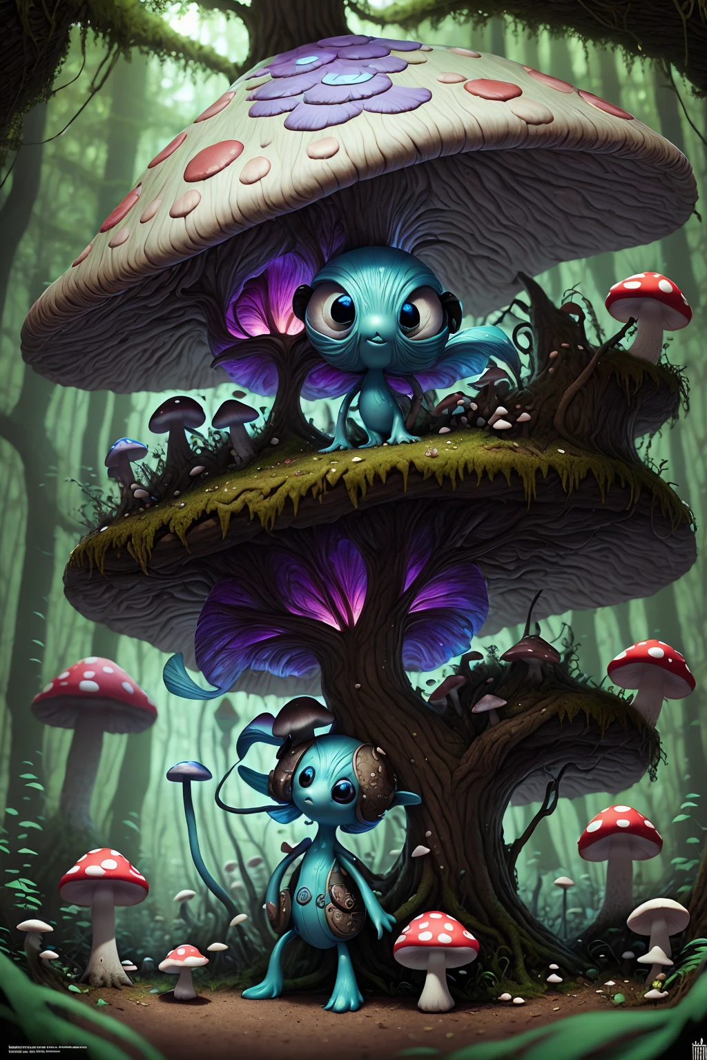 hay un pequeño muñeco alienígena con pelo azul y un sombrero en forma de hongo, lindo forest creature, Beeple y Jeremías Ketner, adorable pintura digital, personaje de fantasía hiperdetallado, ganador del concurso zbrush, criatura de dibujos animados, un extraterrestre hiperdetallado, Ganador del concurso central de zbrush, lindo detailed digital art, criatura alienígena, pintura mate de fantasía，lindo, criatura de fantasía