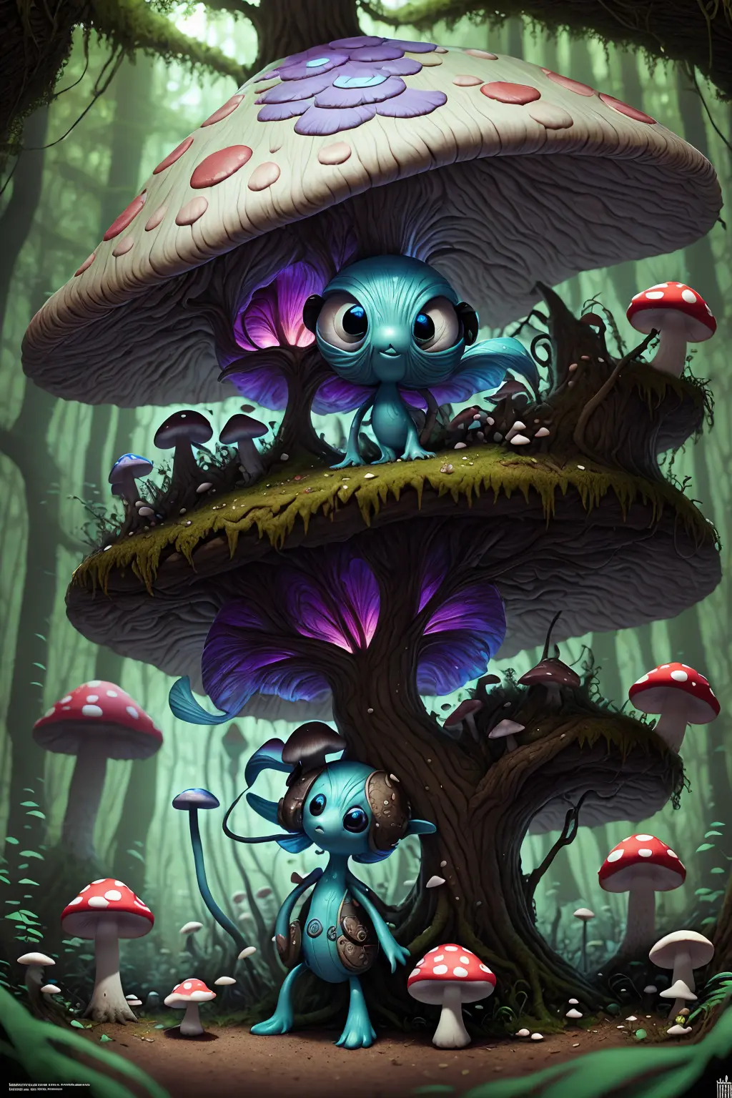 there is a small alien doll with a blue hair and a mushroom hat, cute forest creature, beeple and jeremiah ketner, adorable digi...