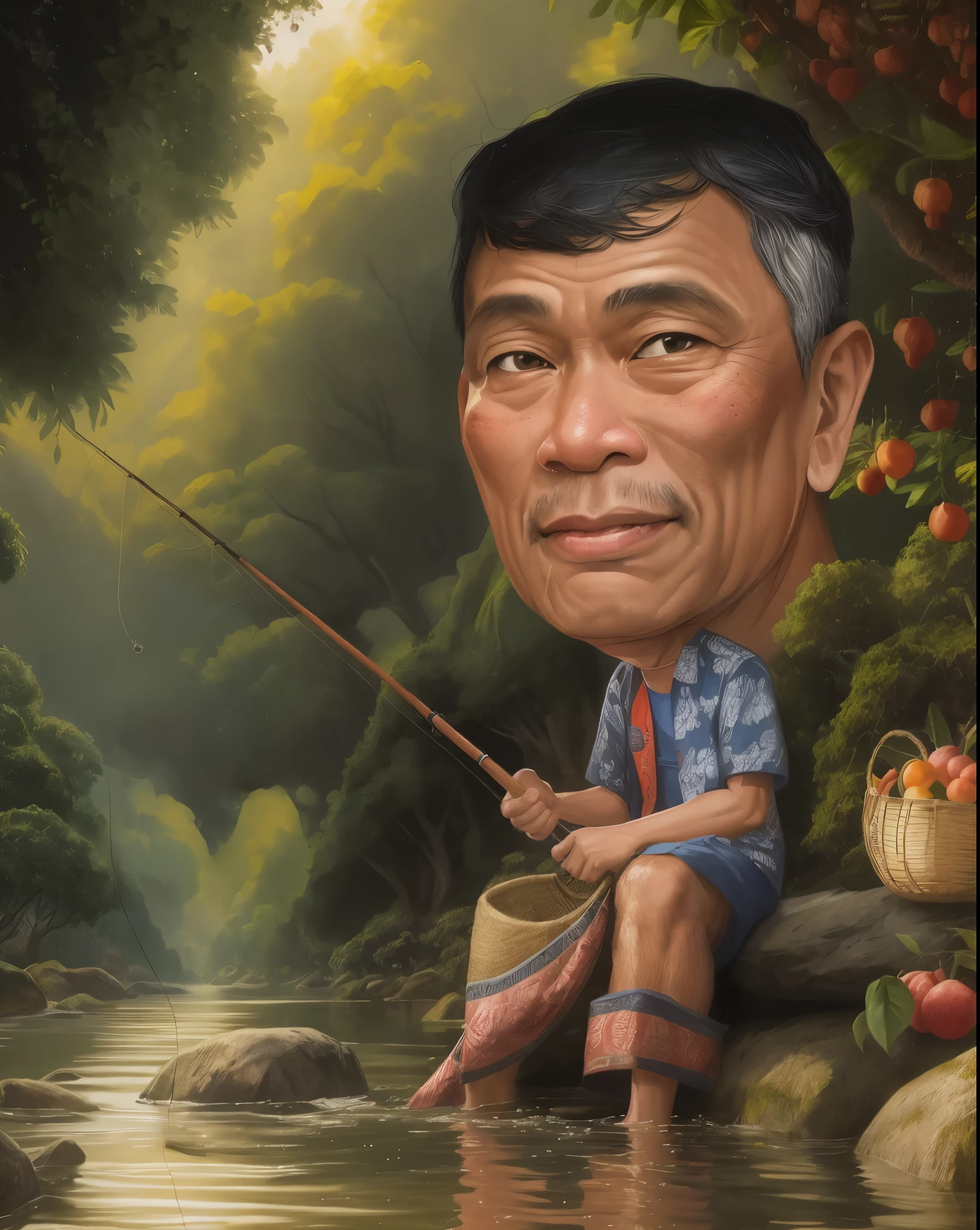 cartoon of a man fishing in a river with a basket of fruit, 55 year old man fishing,  wearing typical Indonesian batik clothes, smiling happily, in a very  beautiful paradise river 