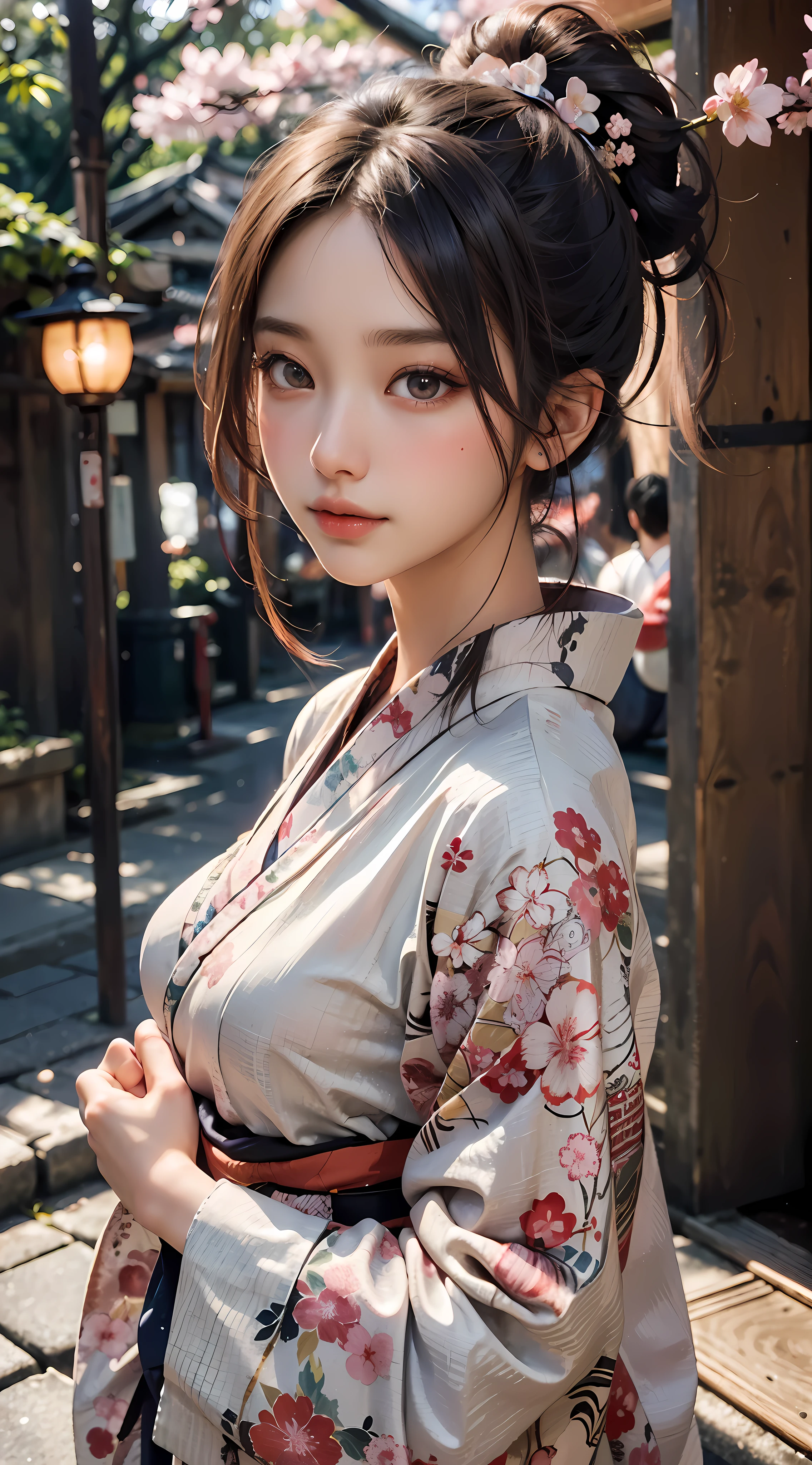 (Japan kimono with cherry blossom pattern:1.3), symmetrical, Compositions with coloful geometric arabesque patternun hair, dark brown hari), (top-quality, Photorealsitic:1.4, RAW Photography:1.2, cinematric light, very detailed illustration), (1woman:1.3, solo), (asian girl, ultra delicate face, ultra Beautiful fece, ultra delicate eyes, ultra detailed nouse, ultra detailed mouth, ultra detailed facial features), petite woman, (midium breast:1.3), from the front side, skiny, lipgloss, a smile, full body view, high detailed, high resolution, 8k, masterpiece 2:1, skin glow, radiant skin, young girl, falling sakura flowers