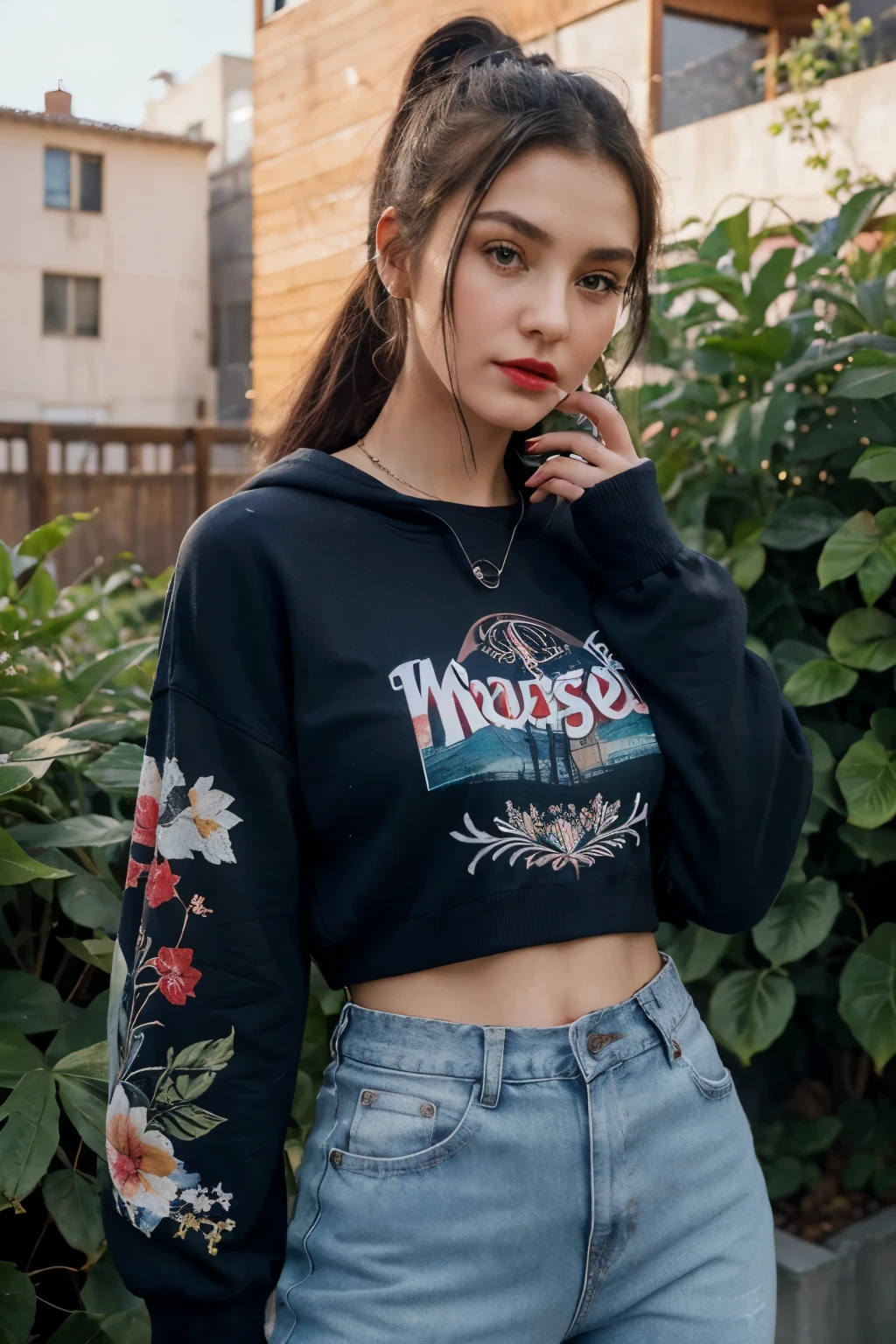 18 yearold girl(best quality,4k,8k,highres,masterpiece:1.2),ultra-detailed,(realistic,photorealistic,photo-realistic:1.37),portrait,girl,wearing overloose sweater blue,small chain on neck,black hair,hair band in ponytail,vivid colors,soft lighting,lush garden background,subtle bokeh,warm color tones,rich girl,red lipstick,earing,full sleeve top,long shirt,round neck style dress,wearing jeans pant,hoodie with printed 'california' in letters,wearing a ring in hand