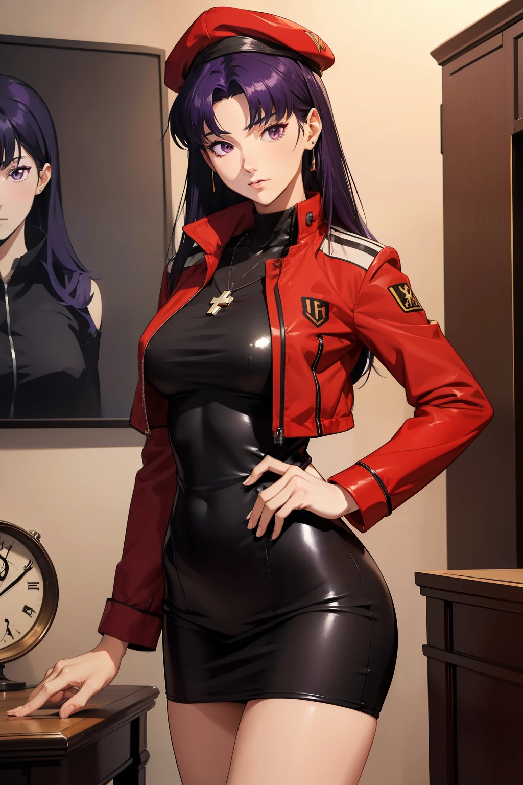 1femme, tenue: Moulante noire,milieu du sein、 robe courte noire moulante, Yeux noirs, cheveux violets, Cheveux moyens, se maquiller, collier croix, grand, Corps mince, Misato Katsuragi (nffsw), (((Misato Katsuragi))), à l&#39;intérieur, salon, (((vue de face))), regarder le spectateur, belles cuisses, visage parfaitement détaillé, mains et doigts entièrement détaillés, chef d&#39;oeuvre 1.1, tendance sur artstation, qualité pixiv, (((beaux-arts:menton))), complexe et détaillé, ultra graphiques, version SFW, (((Mûre 1.1))), tenue: jacker, Manteau rouge, chapeau de balle rouge、visage symétrique、