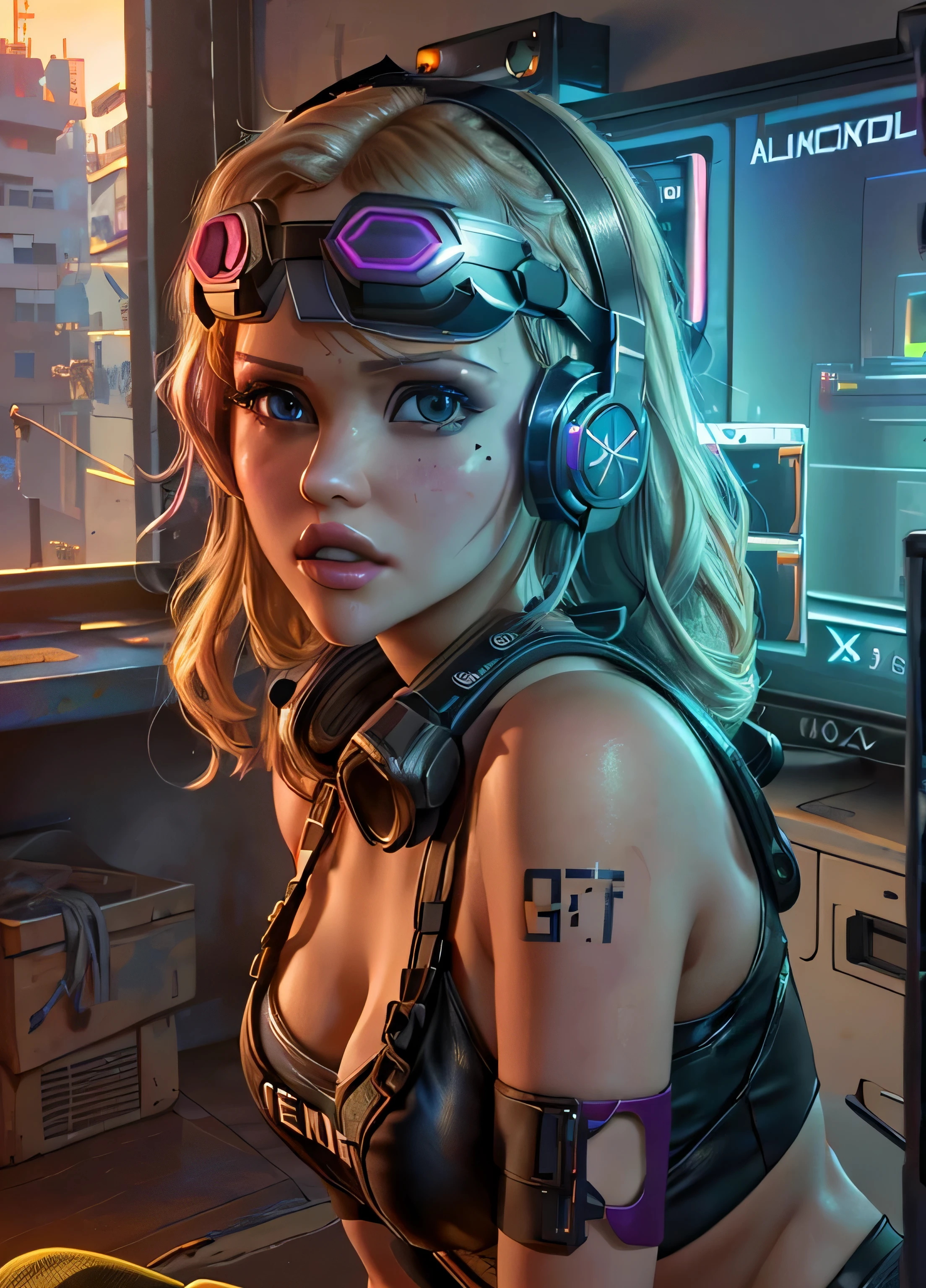 mia malkova,((Best quality)), ((masterpiece)), (highly detailed:1.3), 3D, beautiful cyberpunk woman,(wearing head-mounted display that is chunky and hi-tech:1.2), playing x box game, gta v, Grand Theft Auto