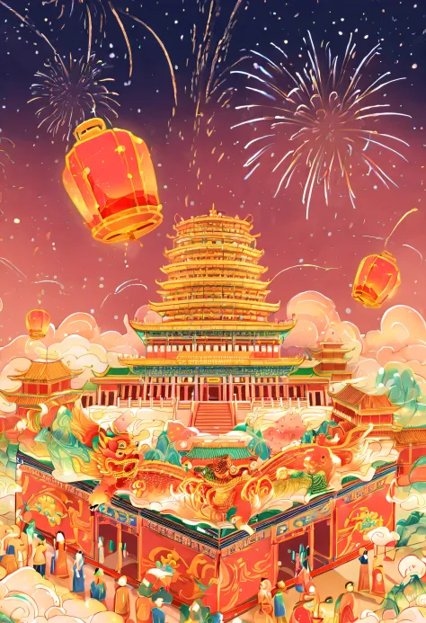 (best quality at best :1.4), tmasterpiece, illustratio, google, colours, goldtrim, the night, kongming lantern, red lanterns, ch...