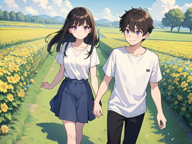 Masterpiece, best quality, 1boy, 1girl, boy has short black hair and green eyes, girl has long brown hair and purple eyes, boy wear white tshirt and black pants, girl wear Blue Long Skirt, in the flower field, Summer, walking, holding hands, blushed faces, sunny day, smile