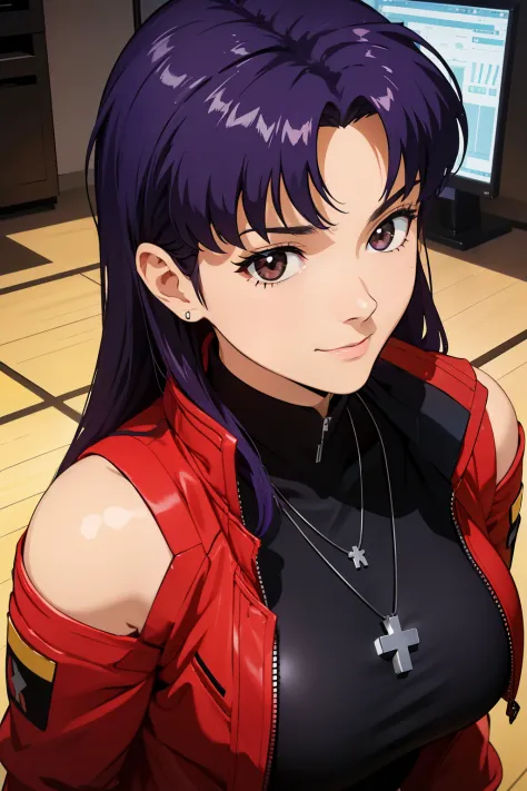 1womanl, attire: Black Bodycon,middlebreast、 short black tight dress, (((brown-eyed))), Purple hair, Medium Hair, a smile, cross necklace, tall, Slim body, (nffsw), (((Misato katsuragi))), NERV、Operation control room, (((Front view))), Looking at Viewer, P...
