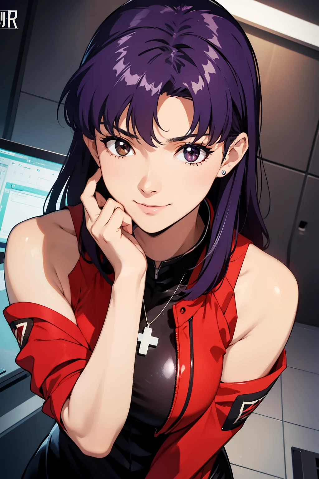 1womanl, attire: Black Bodycon,middlebreast、 short black tight dress, (((brown-eyed))), Purple hair, Medium Hair, a smile, cross necklace, tall, Slim body, (nffsw), (((Misato katsuragi))), NERV、Operation control room, (((Front view))), Looking at Viewer, Perfectly detailed face, fully detailed hands and fingers, Masterpiece 1.1, Trending on ArtStation, pixiv quality, (((fine art:chin))), Intricately detailed, ultra graphics, SFW version, (((Mature 1.1))), attire: jacker, Red jacket, Symmetrical face、