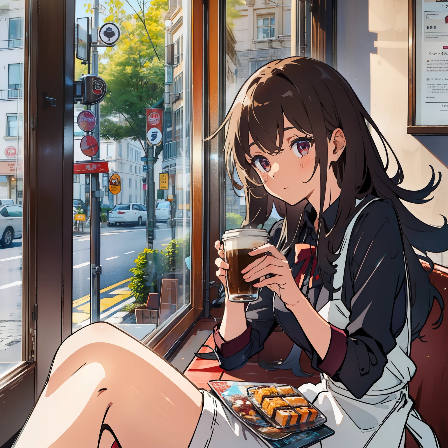 Best quality at best, A high resolution, Anatomically correct, super detailing，cafe shop，one-girl，face flushed，Slightly drunk，Coffee on hand