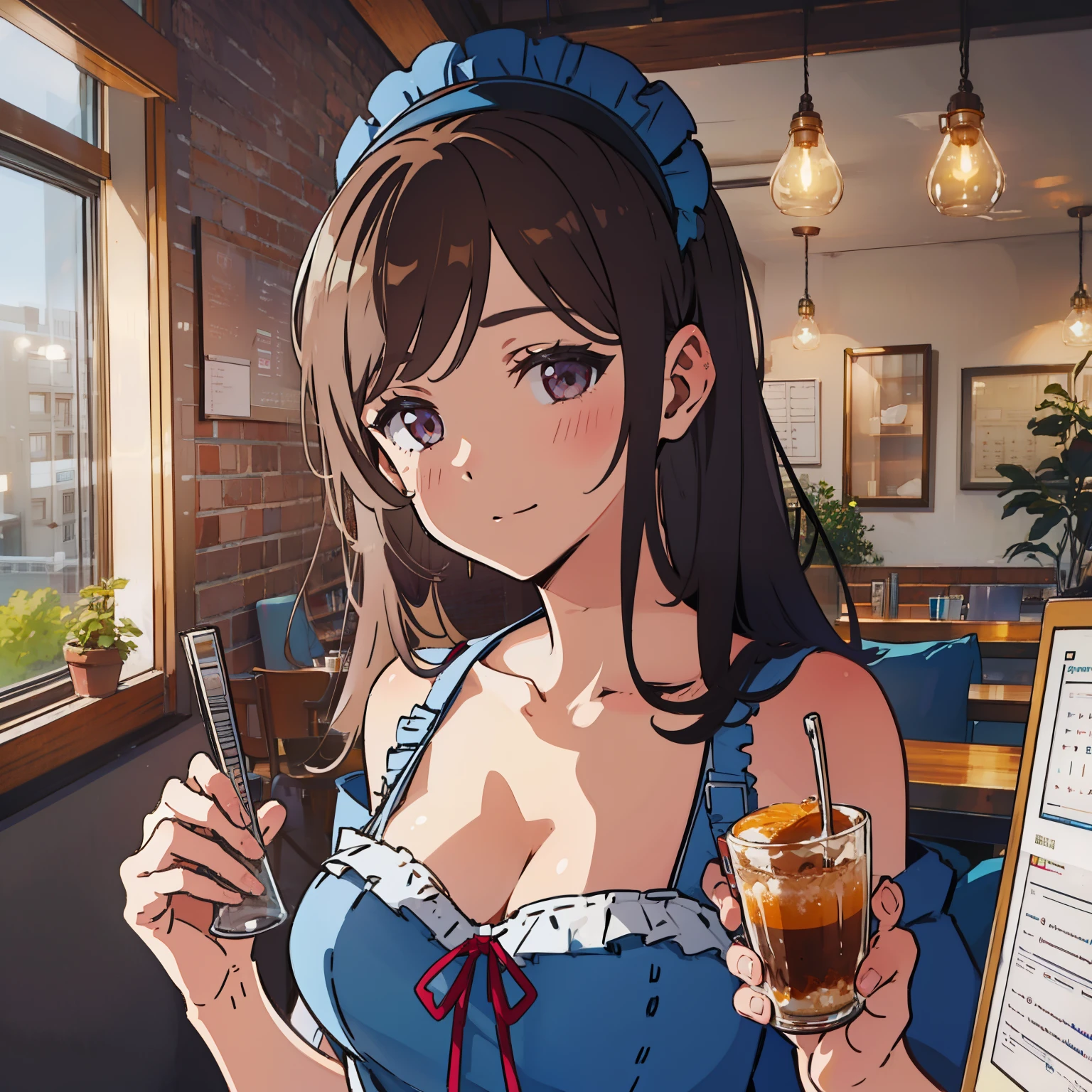 best quality, highres, anatomically correct, super detail，Cafe，one-girl，Flushed face，Slightly drunk