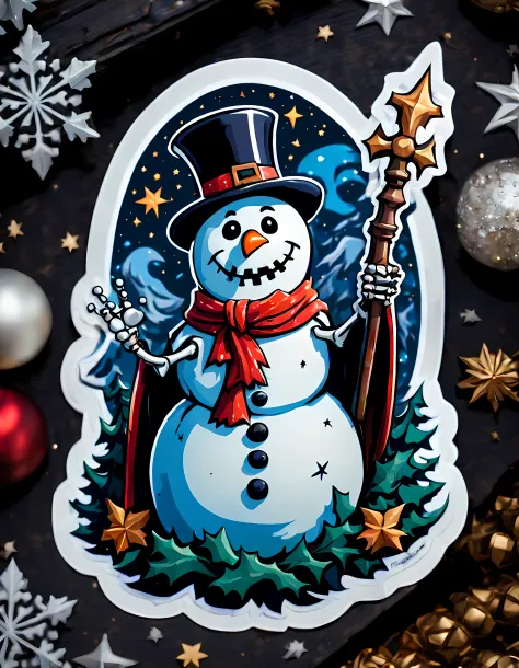 (Top-down view of a sticker lying on a table). | Masterpiece in maximum 16K resolution. | A sticker of a majestic tall menacing snowman with a ((skeletal)) face. | ((Holding a mystical Christmas weapon)). | It has deep hollow eyes and sinister grin. | Wear...