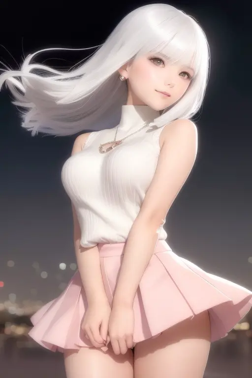 (flowy haircut) , ((bob haircut with over the shoulder and side swept brow length bangs)) , (((white hair))), ((retrowave evenin...