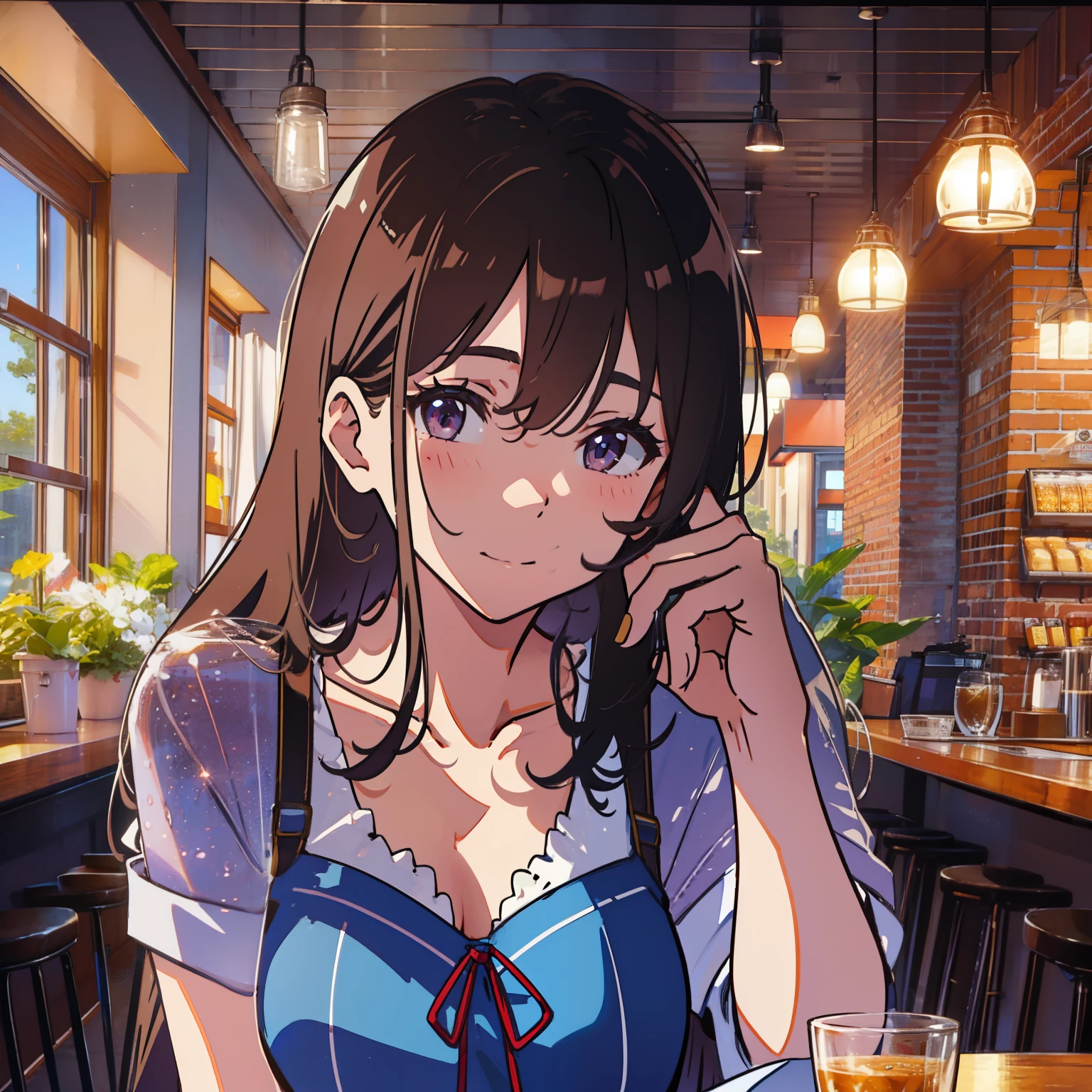 best quality, highres, anatomically correct, super detail，Cafe，one-girl，Flushed face，Slightly drunk