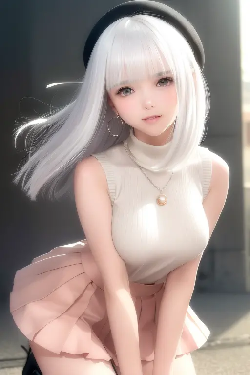 (flowy haircut) , ((bob haircut with over the shoulder and side swept brow length bangs)) , (((white hair))), ((retrowave evenin...