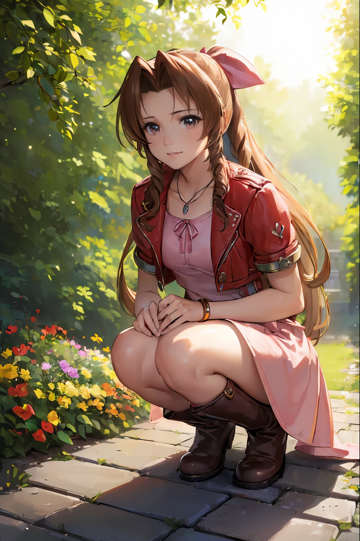 (masterpiece:2.0), solo, ((((aerith gainsborough, red cropped jacket, hair bow, bracelet, pink dress, brown boots)))), , from_side, cowboy shot, squatting with knees close together,flower , (finely detailed:1.7), (beautiful and clear background), ((outdoors, A beautiful garden bursting with flowers of various colors)) , (shiny_skin:1.3), nice hands, perfect hands, smile, , extremely and best quality, extremely and ultra detailed, beautiful detailed eyes, Very detailed CG unified 8k wallpaper, extremely detailed CG unity 8k wallpaper, extremely detailed CG unity 8k, extremely delicate and beautiful girl, ultra-detailed, (perfect anatomy), (high detail), (high quality), (high resolution), (beautiful detailed face), (ultra detaild background), beautiful and clear background,aerith gainsborough