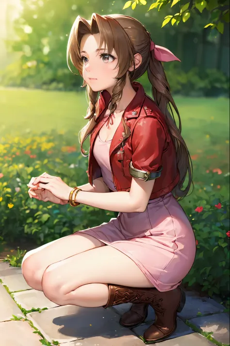 (masterpiece:2.0), solo, ((((aerith gainsborough, red cropped jacket, hair bow, bracelet, pink dress, brown boots)))), , from_si...
