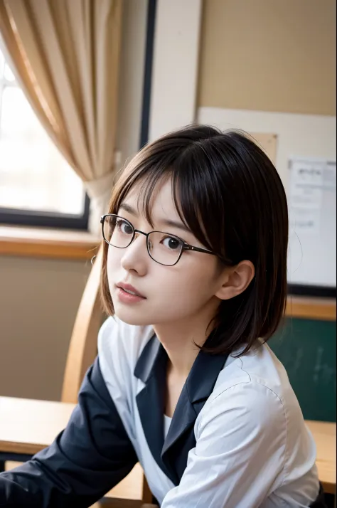 8K、Top image quality、​masterpiece、夏天、Japanese high school girl meets friends in classroom。She was surprised、Black-rimmed square glasses、blazers、a miniskirt、lowfers、Short Bob、sideshot、Detailed eyes