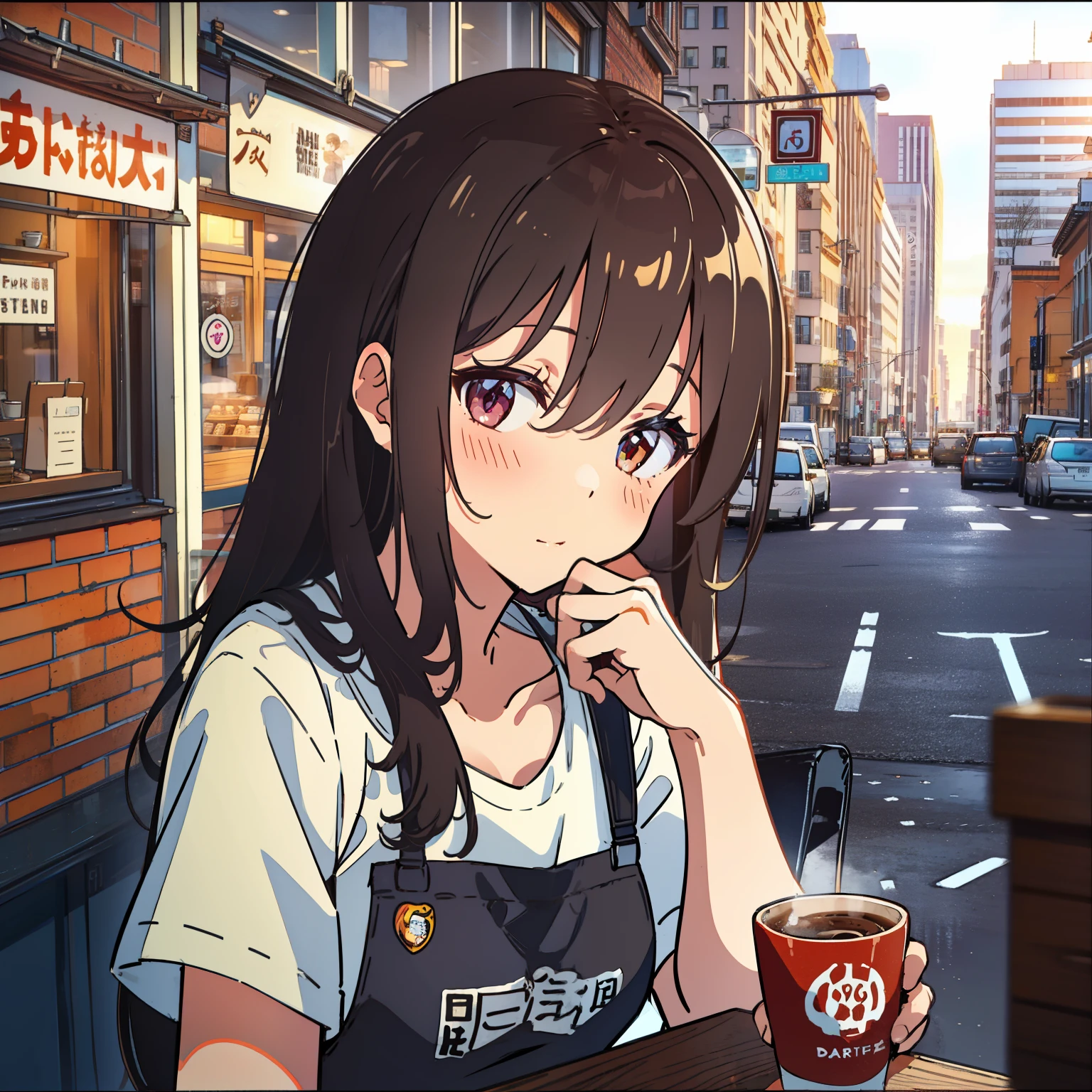 Best quality, A high resolution, Anatomically correct, super detailing，cafe shop，one-girl，extremely cute，face flushed，Slightly drunk，Coffee on hand