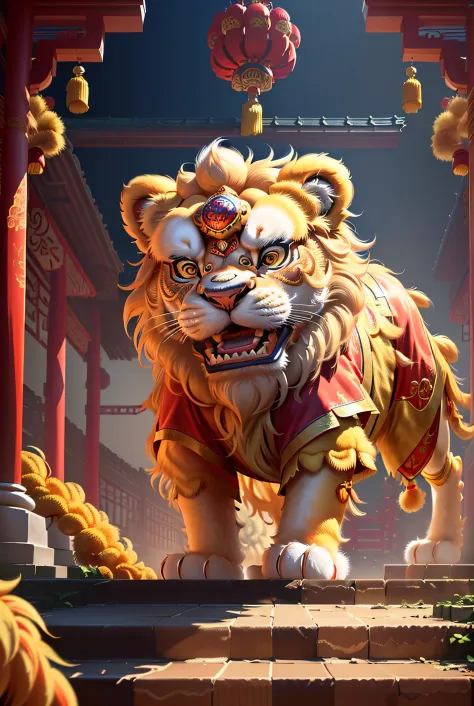 Traditional Chinese lion dance,Chinese awaken the lion,Chinese lion dance,Golden fur,Cute furry,Lovely and detailed digital artw...