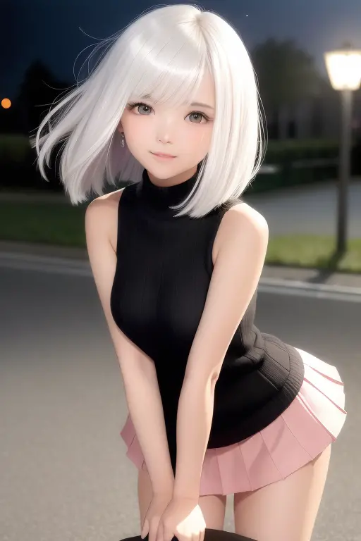 (flowy haircut) , ((Bob haircut with over the shoulder and side swept brow length bangs)) , (((white hair))), ((blurry evening o...