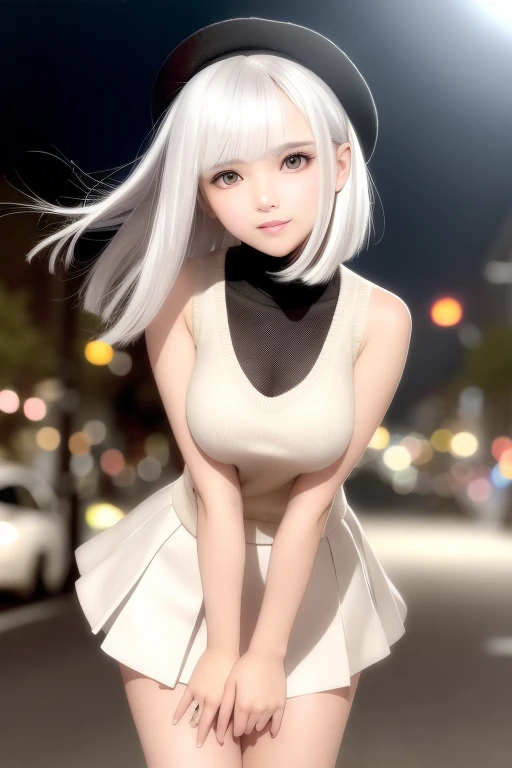 (flowy haircut) , ((Bob haircut with over the shoulder and side swept brow length bangs)) , (((white hair))), ((blurry evening optical rainbow colour lights background)), (center spotlight behind girl), ((back lit hair)) ,solo girl, ultra detailed, young Japanese woman , wearing simple pearl earrings and heart shaped necklace, beautiful face, (((sleeveless turtleneck sweater))) , (((long pleated skirt))) , ((hair flowing beautifully in the wind)) , perfect smooth legs, ((short light pink finger nails)), (laced up boots) , (perfect eyes) , (firm large sized breasts) , ((correct anatomy)) , tony taka art style , ((cinematic depth of field)), ((bokeh particles)) , (((crossed arms))) , (cute smile with closed mouth), wearing a cute beret with a cute bow, (ultra wide angle fov), (chic girl posing), leaning forward, (legs), (hand on chest)