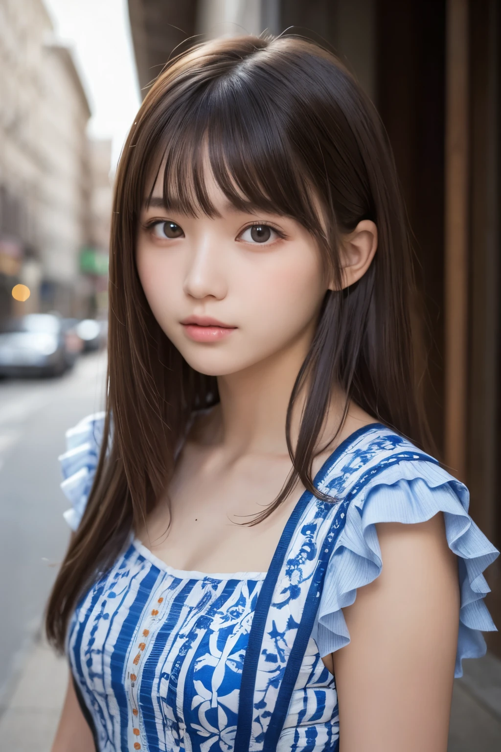 one girl, (a beauty girl, delicate girl:1.3), (15 years old, gal:1.3),
break, (national costume:1.3),
break, very fine eye definition, (symmetrical eyes:1.3),
break, (street view:1.2),
break, small breasts, brown eyes, parted bangs, brown hair,  girl,
break, (eyes and faces with detailed:1.0),
break, (masterpiece, best quality, ultra detailed, detailed face, 8k)