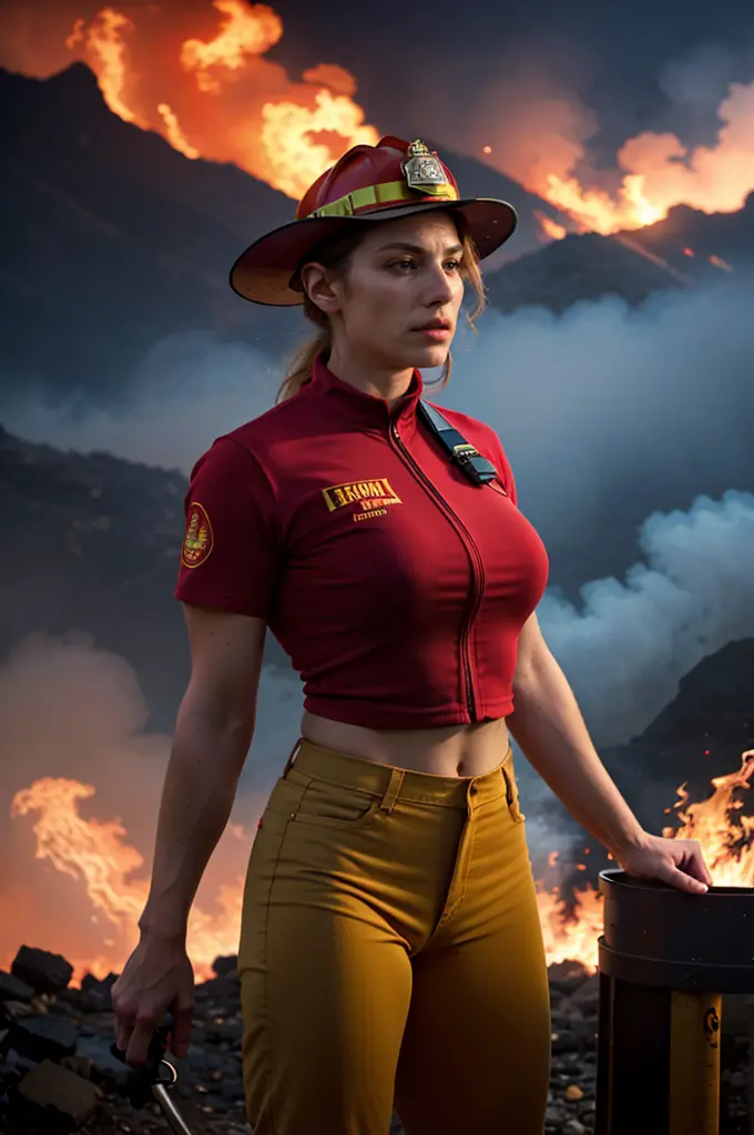 (a naked female firefighter),(best quality,highres),(vivid colors, hdr lighting),(naked female firefighter),(fire,female, braver...