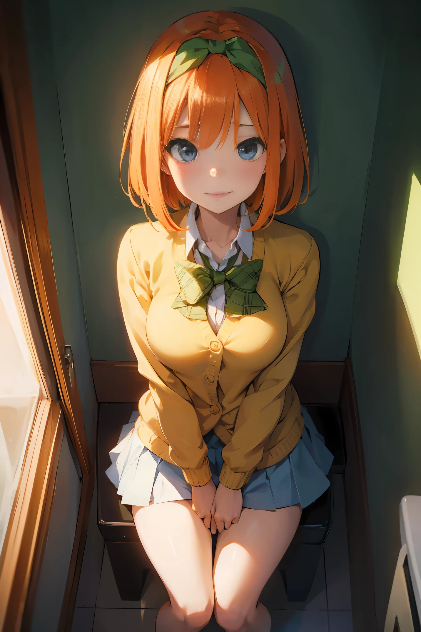 Anime girl sitting on a toilet in a bathroom with a green bow - SeaArt AI