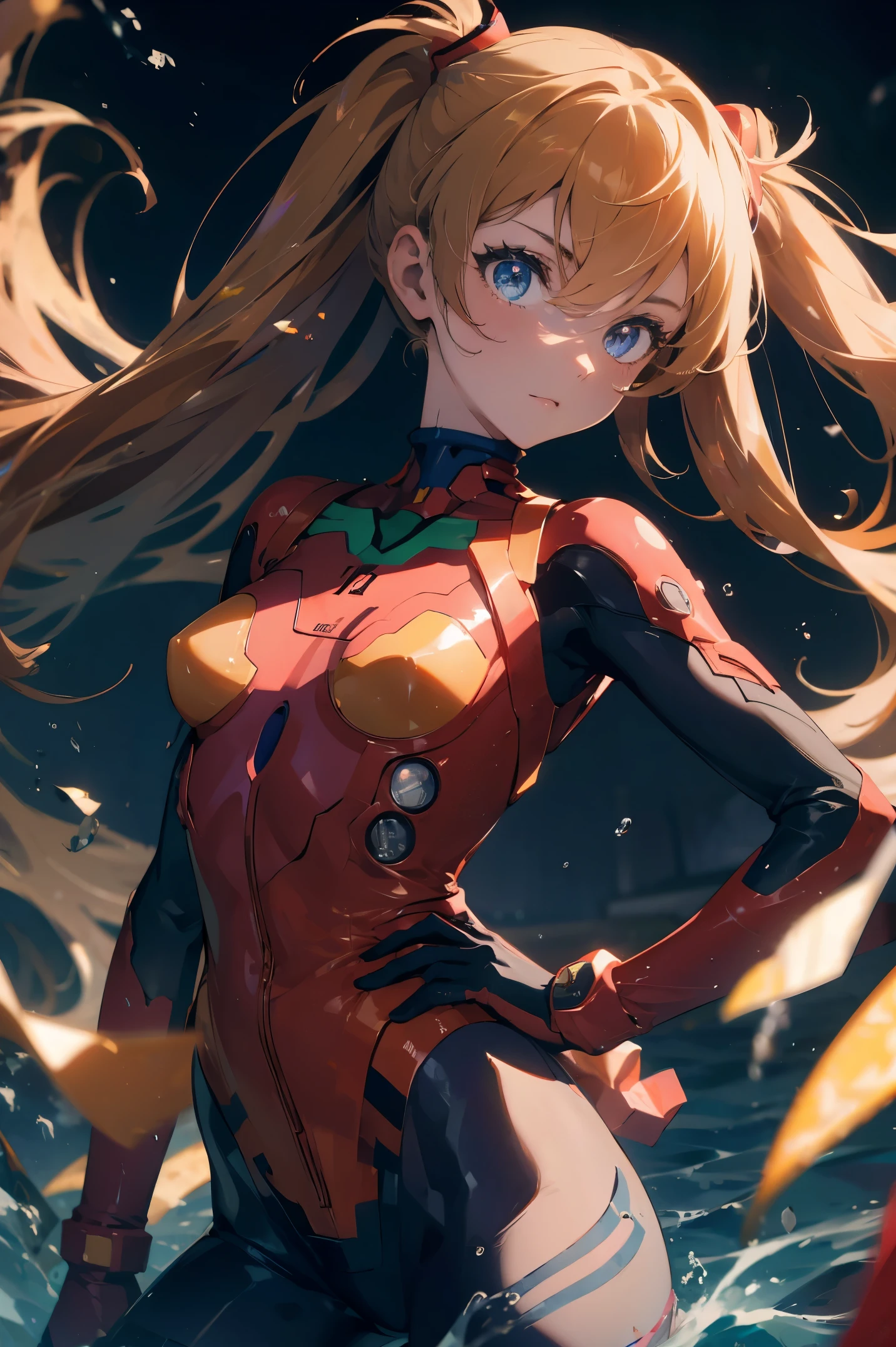 (masterpiece), best quality, expressive eyes, perfect face, 1girl, solo, souryuu asuka langley, interface headset, red bodysuit, hands on waist, standing, hand raised, pointed at the viewer, laboratory background,character sheet, portrait, looking at the viewer, from above