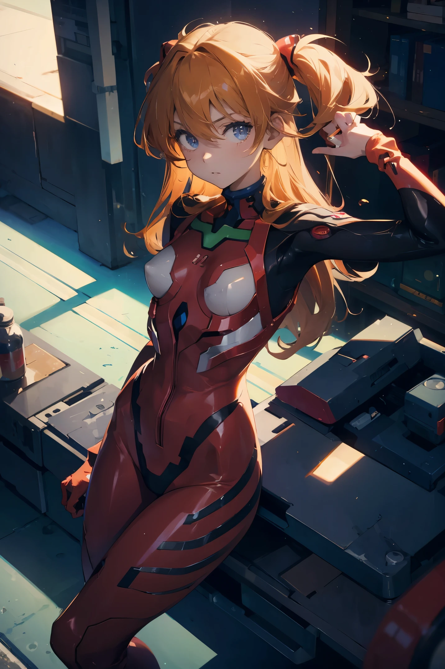 (masterpiece), best quality, expressive eyes, perfect face, 1girl, solo, souryuu asuka langley, interface headset, red bodysuit, hands on waist, standing, hand raised, pointed at the viewer, laboratory background,character sheet, portrait, looking at the viewer, from above