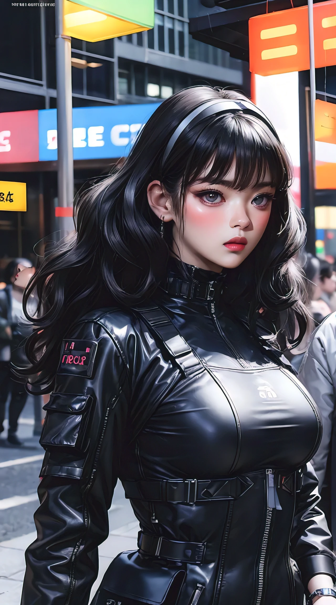 (masterpiece, best quality), futuristic, steelpunk, pastel goth, intricate tactical techwear, neon accents, fashionable, stylish, perfect slim fit body, big breasts, asymmetrical bangs, wavy hair, hairband, choker, bracelet, city streets, standing pose, contrapposto, dynamic lighting