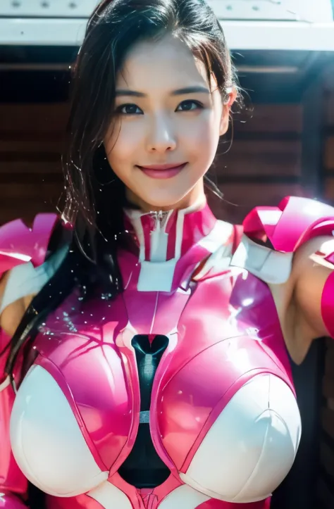 pink power range lemele、Realistic, shiny dark pink and white suit、Power Rangers Bodysuit、professional photograpy、Does not expose the skin, Japanese Models,The skin is not exposed、fleshy body, A smile、Colossal tits、A dark-haired、sauna、Sweaty face、Wet hair