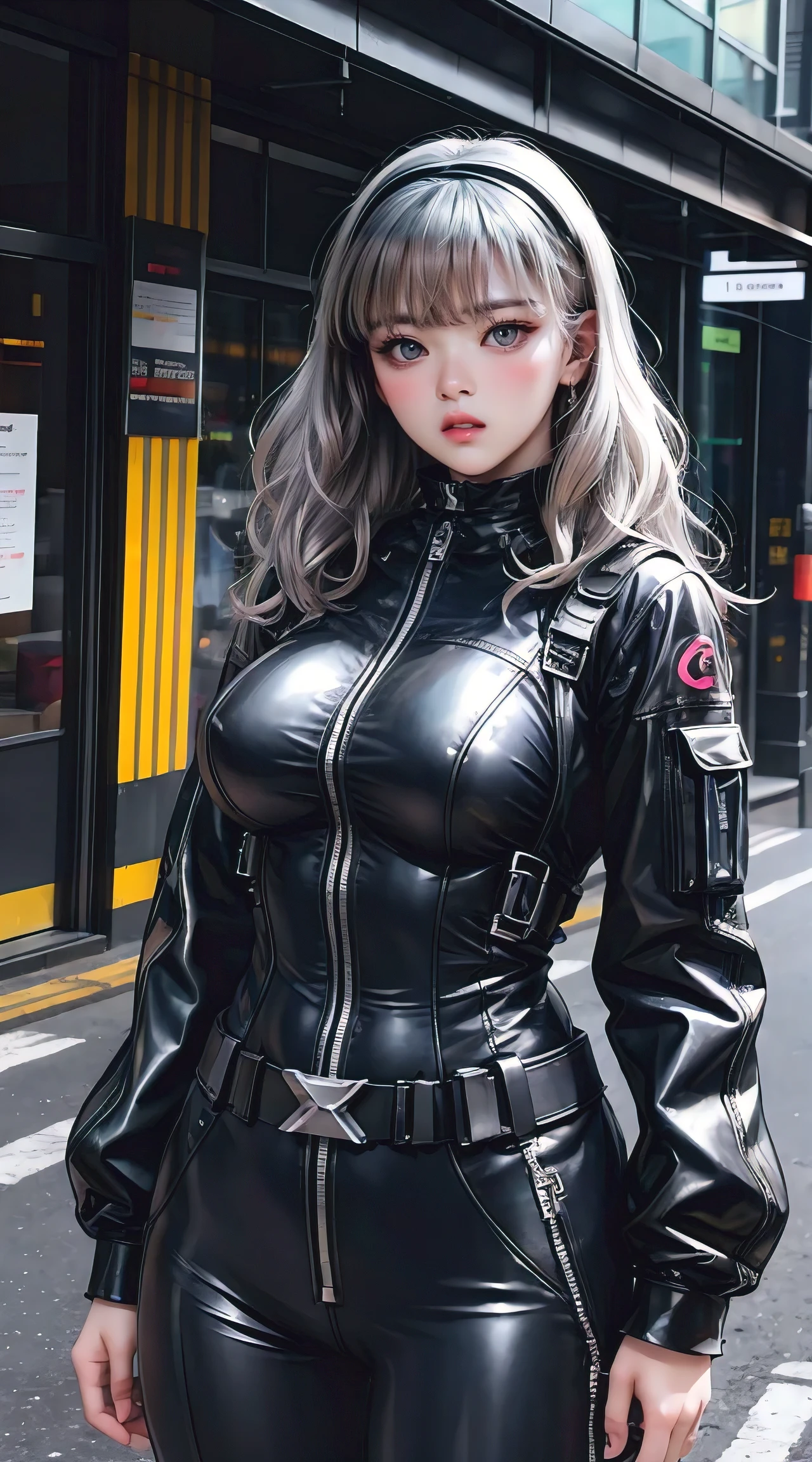 (masterpiece, best quality), futuristic, steelpunk, pastel goth, intricate tactical techwear, neon accents, fashionable, stylish, perfect slim fit body, big breasts, asymmetrical bangs, wavy hair, hairband, choker, bracelet, city streets, standing pose, contrapposto, dynamic lighting