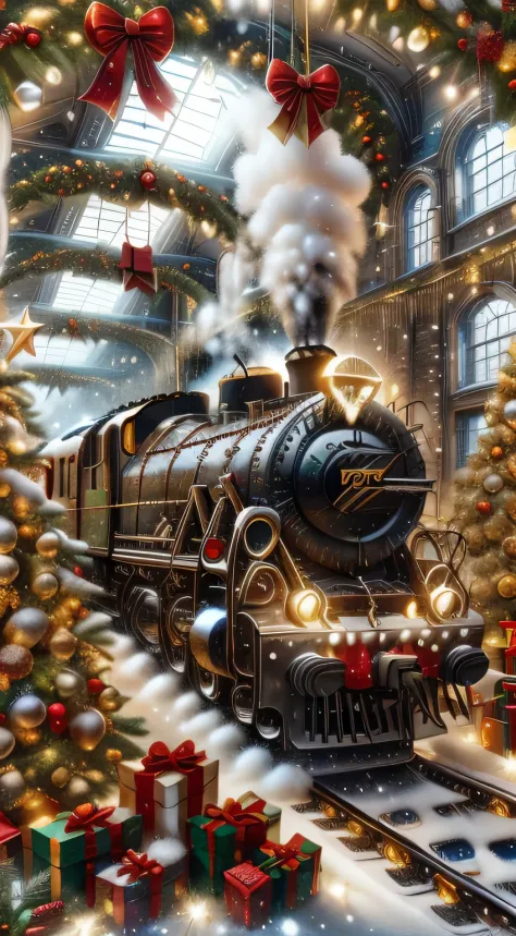 ChristmasDecorativeStyle locomotive train, (Masterpiece:1.3) (best quality:1.2) (high quality:1.1)