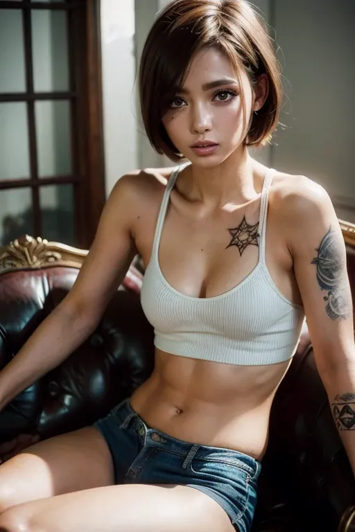 brown hair belly short hair、dirty white tank top、flower tattoos on both arms、realistic skin texture、28 year old 、punk、tattoos al...