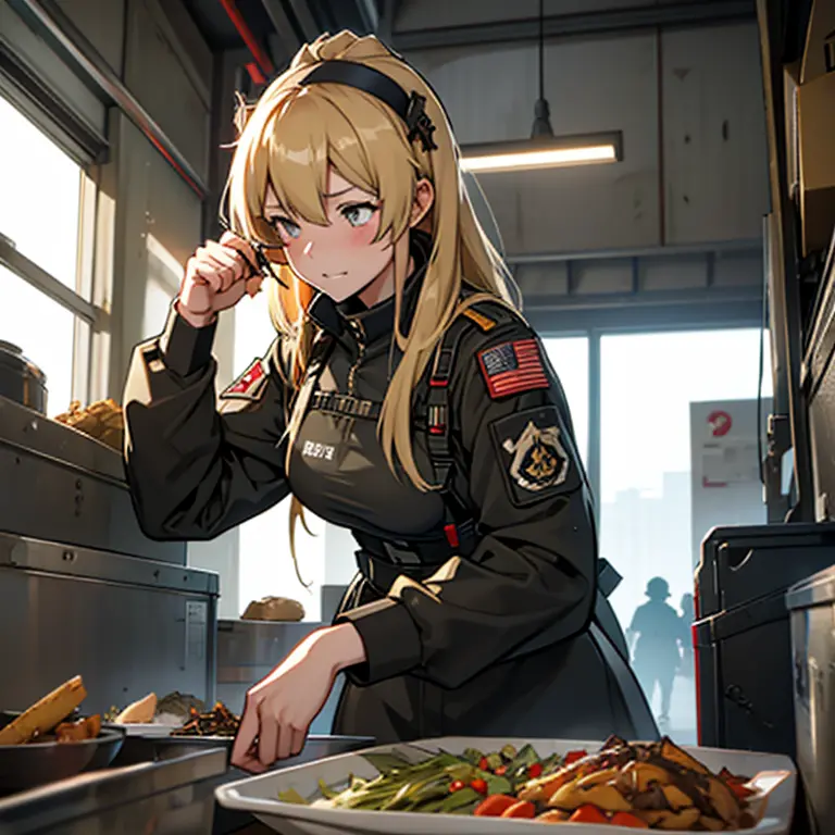 Anime girl eating, canning、Field food、Combat ration、girls frontline style, from girls frontline, Fine details. girls' frontline,...