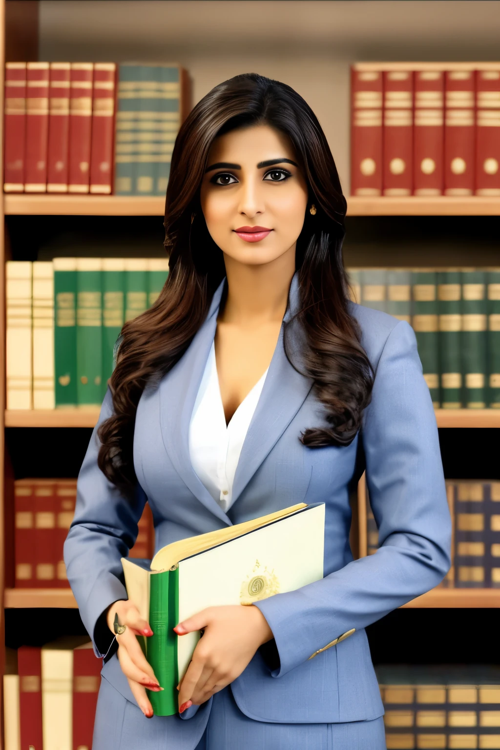 "Cree una imagen de una abogada paquistaní vestida con traje de abogada profesional., sosteniendo libros de derecho."