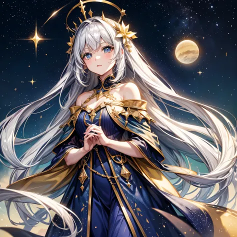 //Character

1girl,

BREAK

//Fashions

Celestial Christmas Constellation,

Maxi dress with a celestial print

featuring stars, moons, and constellations,

Sheer cape or shawl with twinkling

LED lights for a cosmic effect,

Silver or gold metallic accesso...