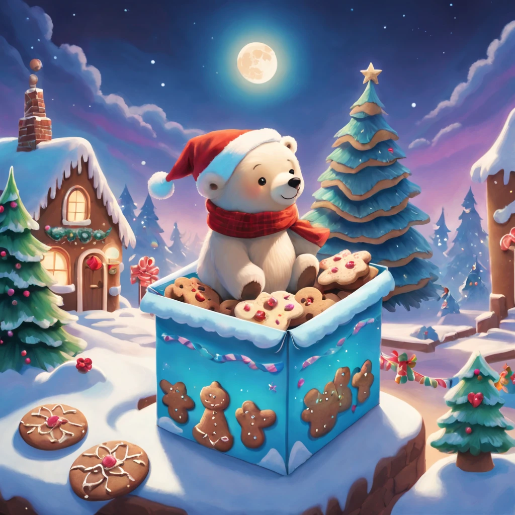 Best quality, 8K, A high resolution, tmasterpiece:1.2), ultra - detailed, (actual, realistically:1.37), Vibrant colors, Magical atmosphere, Whimsical, Sparkling，Fantasy Christmas World, themoon，(Snowy night in Christmas town)，((In the middle of the picture，Cute little polar bear wearing santa hat，Holding a book and a bag of cookies, Pour cookies into gift box，The chocolate bird lands on the gingerbread man，Christmas elements))，((Christmas tree，Sweets and snacks，sucrose，Christmas gifts)), and decorations, Lovely design style, natta，sky sky，moon full，Shown in this beautiful scene, Vibrant colors, hyper realisitc的, Psychedelic, Complicated details, Beautiful texture, Ethereal, like a dream, Soft glowing light, Charming Patterns, Fantasy creatures, Hidden surprises, dreamlike landscapes, hyper realisitc的 color palette, Mystic aura, hyper realisitc, Enchanting journey, psychedelic trip, vivid imagination, immersive experience, mysterious creature, otherworldly charm, glowing paths, Light up a dreamy and beautiful Christmas, hyper realisitc的天空, Whimsical Christmas elements, a magical encounter, Fascinating artwork