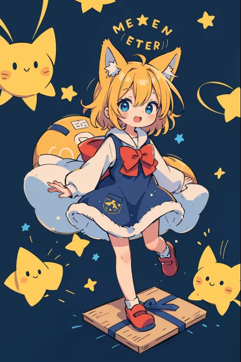 {blue and yellow and black theme, christmas theme, cute and dreamlike},  red santa costume, adorable, gift box in hands, snow, stars,commets,flying, masterpiec, best quality, perfect anatomy, illustration, breathtaking, glowing, wolfcon,kagamine rin