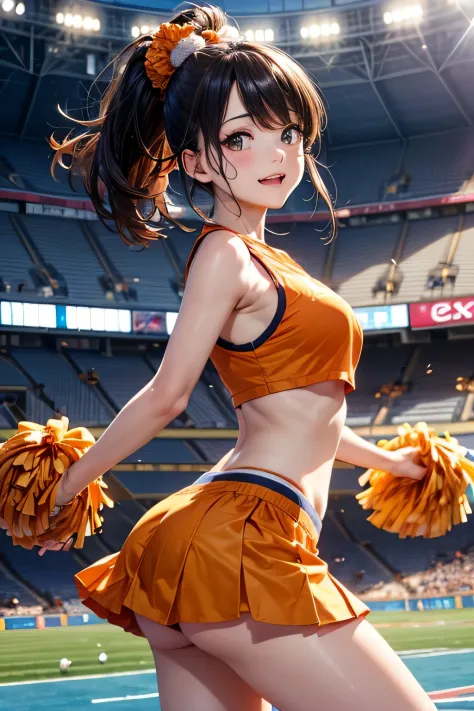 very cute and beautiful cheerleader girl,(very detailed beautiful face and eyes:1.2),(holding a pom pom:1.2),(Laugh),
(Stadium Stand),Cowboy Shot,Dynamic Pose,White panties,(orange sleeveless shirt),Beautiful legs,Dynamic Angle,Black hair,
(Best Quality,ma...