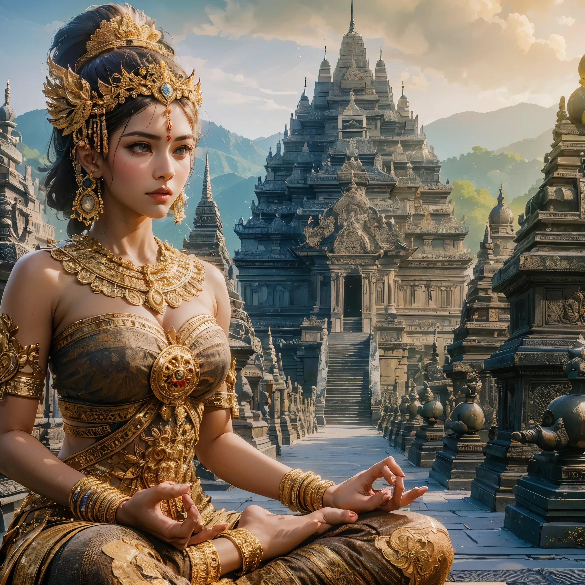 there is a woman with large breast show her cleaveage sitting in a lotus position in a temple, unreal engine render + a goddess, goddess. extremely high detail, extremely detailed goddess shot, 3 d render character art 8 k, cinematic goddess shot, 3 d goddess portrait, a beautiful fantasy empress, beautiful goddess, 8k high quality detailed art, hindu aesthetic, cinematic goddess close shot, masterpiece, best quality:1.2),,(8k,highres,RAW photo,realistic,photo-realistic:1.3),(detailed skin texture,detailed cloth texture,beautiful detailed face:1.25),professional lighting,photon mapping,beautiful soft light,radiosity,physically-based rendering,raytracing, model shoot style, model shoot style, (extremely detailed CG unity 8k wallpaper), full shot body photo of the most beautiful artwork in the world