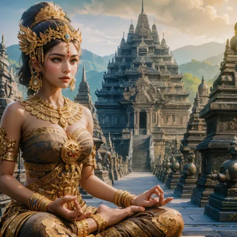 there is a woman with large breast show her cleaveage sitting in a lotus position in a temple, unreal engine render + a goddess,...