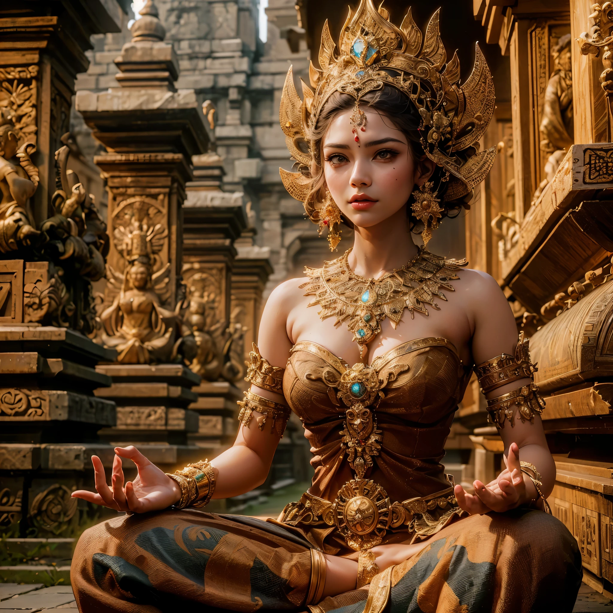 there is a woman with large breast show her cleaveage sitting in a lotus position in a temple, unreal engine render + a goddess, goddess. extremely high detail, extremely detailed goddess shot, 3 d render character art 8 k, cinematic goddess shot, 3 d goddess portrait, a beautiful fantasy empress, beautiful goddess, 8k high quality detailed art, hindu aesthetic, cinematic goddess close shot, masterpiece, best quality:1.2),,(8k,highres,RAW photo,realistic,photo-realistic:1.3),(detailed skin texture,detailed cloth texture,beautiful detailed face:1.25),professional lighting,photon mapping,beautiful soft light,radiosity,physically-based rendering,raytracing, model shoot style, model shoot style, (extremely detailed CG unity 8k wallpaper), full shot body photo of the most beautiful artwork in the world